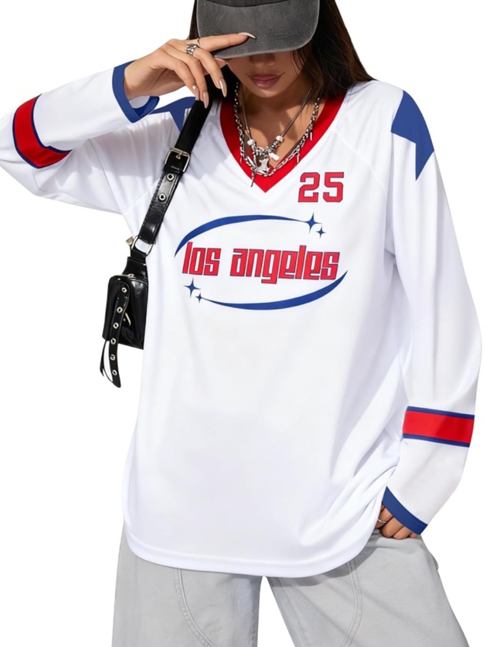 Oversized Jersey Women V Neck Number Graphic Tee Y2k Streetwear Top. Size XXL